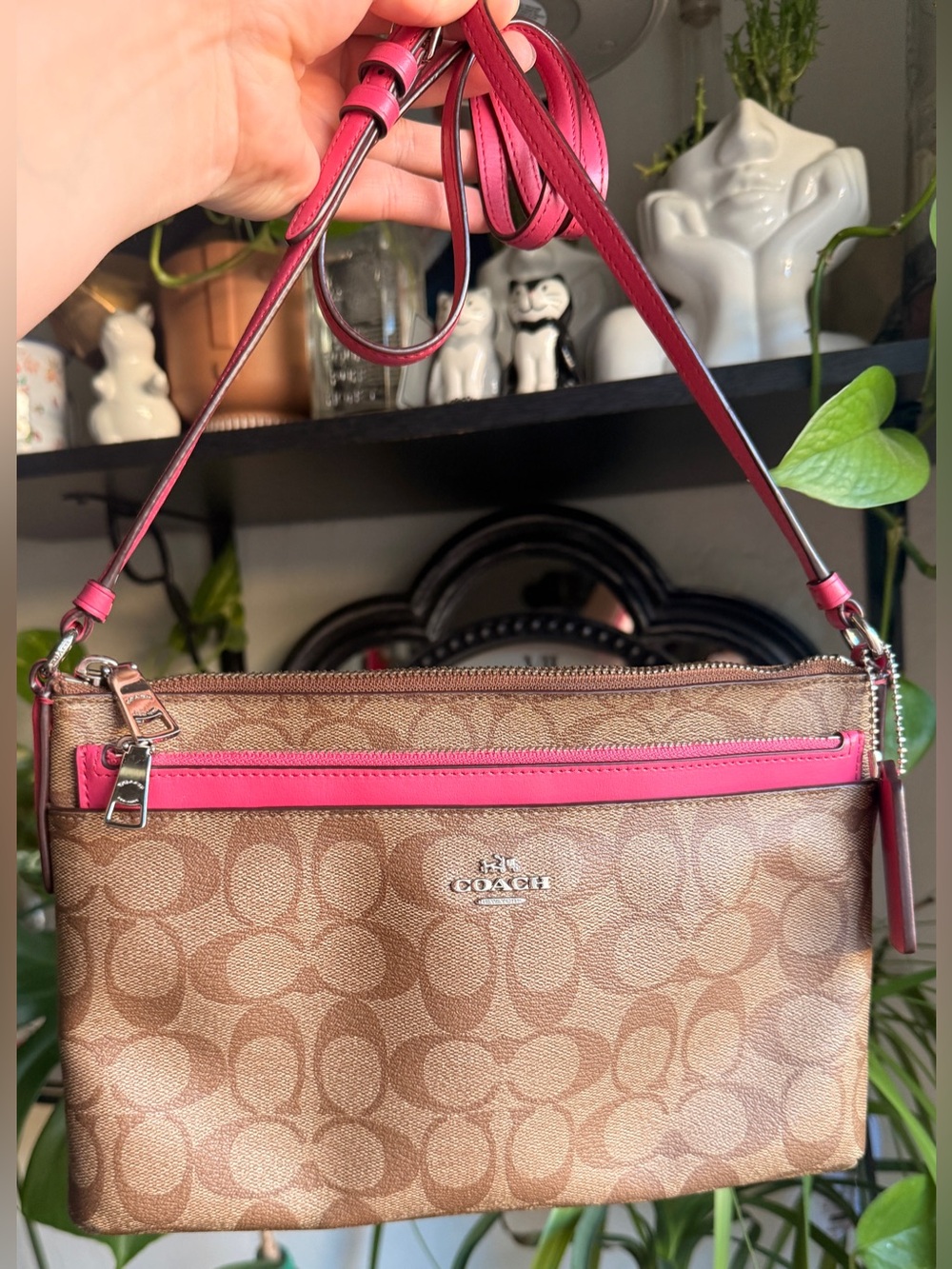 Coach Brown Signature Crossbody with Pink Trim - F58316